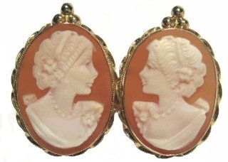 Cameo Earrings Master Carved, Carnelian Conch Shell 14k Yellow Gold Post Back Italian Jewelry