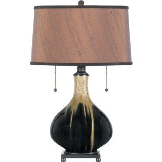 Quoizel Q793T Aidan Museum of New Mexico 2 Light Table Lamp with Tan Silk Shade with Trim, Black Drip Glazed Ceramic Base    