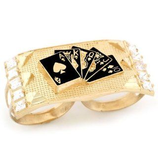 14k Gold Poker Casino CZ Two Finger Hip Hop Mens Ring Jewelry