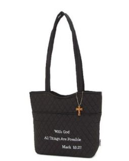 Belvah Quilted Bible Verse Meidum Tote with Cross Charm (Mark 1027 Black) Clothing