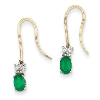 Gold and Watches 14k Yellow Gold 1/8ct Diamond & Emerald Shepherd Hook Earrings Dangle Earrings Jewelry