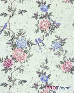 EDEM 831 24 deluxe deep embossed flower wallpaper chinese roses paradise birds light grey blue grey purple pink  75 sq feet    