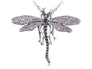 Silver Tone Wing Dragonfly Amethyst Purple Crystal Rhinestone Pendant Necklace Jewelry