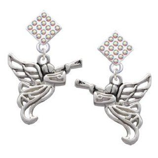 Silver Trumpeter Angel AB Crystal Diamond Shaped Lulu Post Earrings [Jewelry] Jewelry