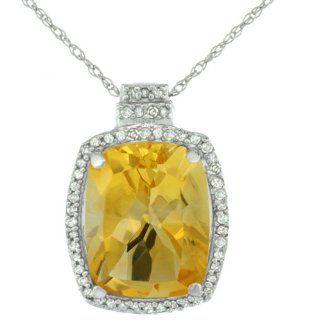 10K White Gold Natural Citrine Pendant Octagon Cushion 11x9 mm & Diamond Accents Jewelry