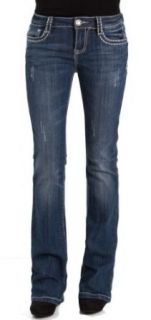 La Idol Women Bootcut Jeans Leather Crystal Cross Stretch in Med Blue
