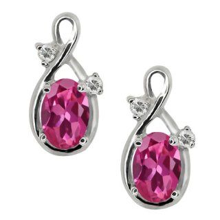 1.08 Ct Oval Pink Tourmaline and White Topaz 18k White Gold Earrings Stud Earrings Jewelry