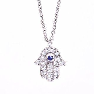 Good luck 14k White gold White diamonds and Blue Sapphire mini HAMSA HAND OF GOD pendant necklace Jewelry