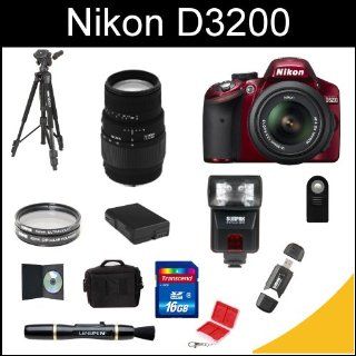 Nikon D3200 24.2 MP CMOS Digital SLR (RED) with 18 55mm f/3.5 5.6 AF S DX VR Nikkor Zoom Lens, Sigma 70 300mm f/4 5.6 SLD DG Macro Lens, ML L3 Remote, Tripod, Sunpak DigiFlash 3000 External Flash, Extra En EL 14 Battery, 16gb SDHC Card, Wallet Card Case, M