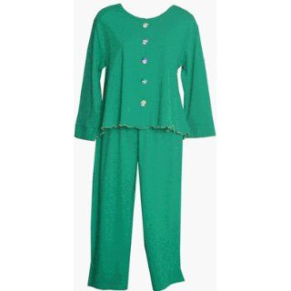 RocketWear Women's Funny Face Evergreen Long Sleeve Button Front Cotton Knit Capri Loungewear (Small, Green) Pajama Sets