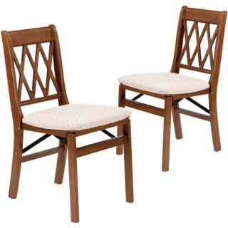 Stakmore Lattice Back Wood Folding Chairs with Upholstered Seat   Set of 2   Dining Chairs