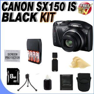 Canon PowerShot SX150 IS 14.1 MP Digital Camera with 12x Wide Angle Optical Image Stabilized Zoom with 3.0 Inch LCD (Black) + 8GB SDHC Memory Card + 4 Rechargeble NIMH AA Batteries + Ac/Dc Rapid Charger + Memory Card Wallet + SDHC Card Reader + LCD Screen 