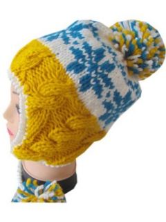 Winter Thick Xmas Snowflake Pattern Hand Made Cable Knitted Earclap Hat (Yellow white)