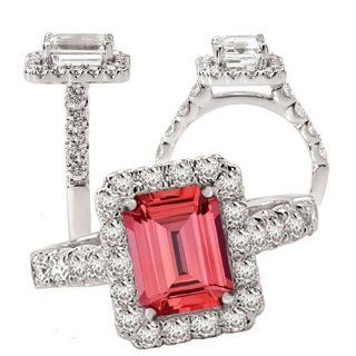 18k Elite Collection Chatham 8x6mm emerald cut padparadscha orange sapphire engagement ring with diamond halo Jewelry