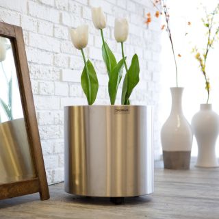 Round Brushed Stainless Steel Burgdorf Planter with Casters   Planters