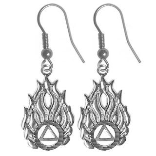 Alcoholics Anonymous Recovery Symbol Earrings, #862 6, Sterling Silver, AA Recovery Symbol in Flames Dangle Earrings Jewelry