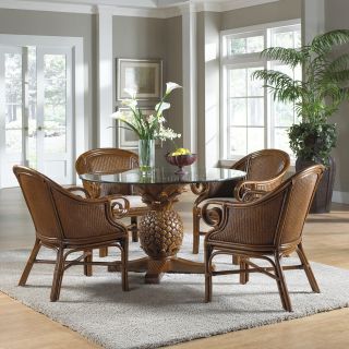 Hospitality Rattan Sunset Reef Indoor 5 Piece Rattan & Wicker 48 in. Dining Set with Cushioned Club Chairs & Pineapple Base   TC Antique   Dining Table Sets