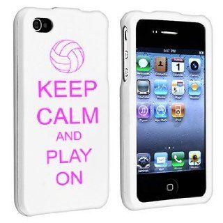 Apple iPhone 4 4S White Rubber Hard Case Snap on 2 piece Hot Pink Keep Calm and Play On Volleyball Cell Phones & Accessories