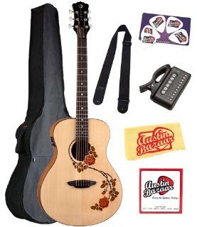 Luna Oracle Series Rose Folk Acoustic Electric Guitar Bundle with Gig Bag, Strap, Tuner, Strings, Pick Card, and Polishing Cloth Musical Instruments