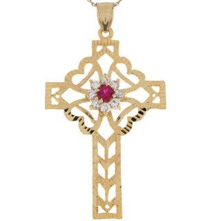 10k Gold Red & White CZ Filigree Hearts Celtic Inspired 6.0cm Cross Pendant Jewelry