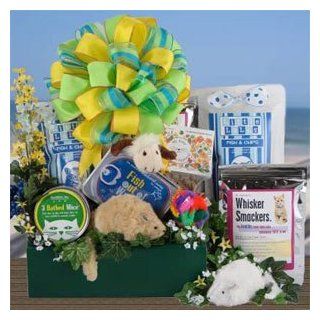 Playful Paws Cat Gift Basket  Basket Theme EASTER  Bow Style Elegant Hand Tied Bow  Edible Pet Treats 