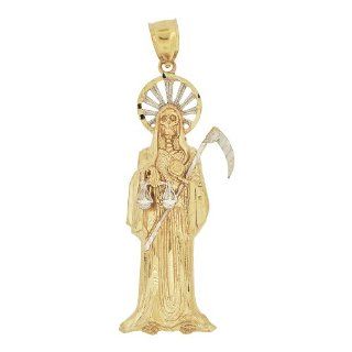 14k Yellow Gold White Rhodium, Death Grim Reaper Santa Muerte Pendant Charm Sparkly Cuts Jewelry