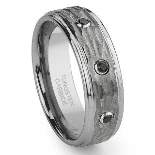 Tungsten Carbide Black Diamond Hammer Finish Wedding Band Ring Jewelry