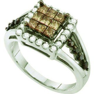 1.00 Carat (ctw) 14k White Gold Round & Princess Cut White, Brown & Black Diamond Ladies Invisible Right Hand Ring Jewelry