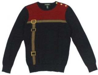 Lauren Ralph Lauren Women's Bridle Print Snapped Crewneck Sweater (Medium, Red/Navy) Clothing