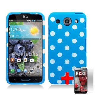 LG E980 Optimus G Pro (AT&T) 2 Piece Snap On Glossy Image Case Cover, White Polka Dots Blue Cover + LCD Clear Screen Saver Protector Cell Phones & Accessories