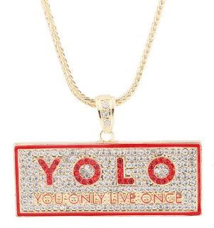 Gold with Red X Large Iced Out YOLO You Only Live Once Pendant with a 36 Inch Franco Chain Pendant Necklaces Jewelry