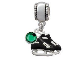 Black Ice Skates Charm Bead with Emerald Crystal Dangle Jewelry
