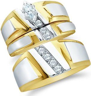 10k Yellow and White 2 Two Tone Gold Mens and Ladies Couple His & Hers Trio 3 Three Ring Bridal Matching Engagement Wedding Ring Band Set   Marquise and Round Diamonds   Solitaire Center Setting (.23 cttw) Jewelry