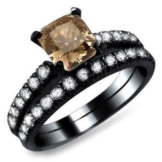 1.90ct Brown Cushion Cut Diamond Engagement Ring Bridal Set 18k Black Gold with a 1.13ct Center Diamond and .77ct of Surrounding Diamonds Jewelry