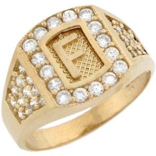 14k Real Yellow Gold White CZ Accent Letter F Initial Ring Jewelry