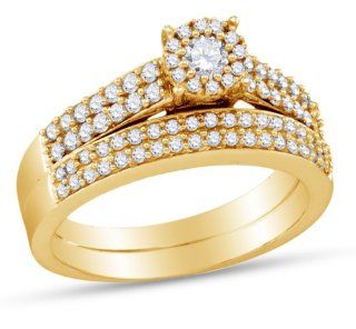 14K Yellow Gold Round Brilliant Cut Diamond Bridal Engagement Ring and Matching Wedding Band Two 2 Ring Set   Halo Prong Set Center with Channel Set Side Stones   Classic Traditional Solitaire Shape Center Setting   (2/3 cttw.) Jewelry