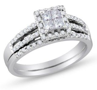 14K White Gold Princess and Round Cut Diamond Bridal Engagement Ring and Matching Wedding Band Two 2 Ring Set   Halo Invisible Set Square Princess Shape Center Setting with Prong Set Side Stones   (.55 cttw.) Jewelry
