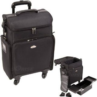 22 inch 360 Degree Rotating 4 Wheel Rolling Professional Black Soft High Quality Nylon Studio Makeup Artist Rolling Wheeled Trolley Makeup Organizer Train Case Cosmetics Organizer w/ Removable Shoulder Straps + IPad / Tablet Holder  Makeup Travel Cases An