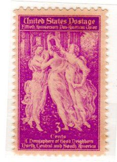 Postage Stamps United States. One Single 3 Cents Light Violet, The Three Graces from Botticelli's Spring, Pan American Union Issue Stamp Dated 1940, Scott #895. 
