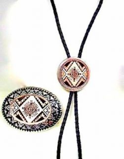 Silver Plated Aztec Diamondcut Copper Bolo Tie / Buckle Set Belt Buckles Clothing