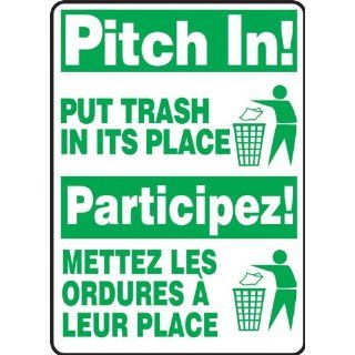 Accuform Signs FBMHSK903VA Aluminum French Bilingual Sign, Legend "PITCH IN PUT TRASH IN ITS PLACE/PARTICIPEZ METTEZ LES ORDURES A LEUR PLACE" with Graphic, 10" Width x 14" Length x 0.040" Thickness, Green on White Industrial Wa