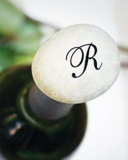 Natural Beach Pebble Wine Bottle Stopper with Initial Kitchen & Dining