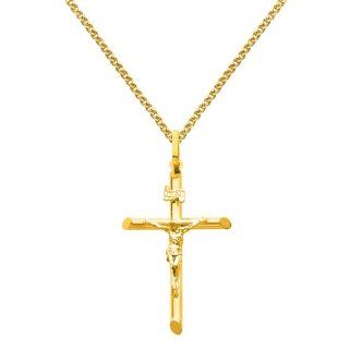 14K Yellow Gold Crucifix Cross Charm Pendant with Yellow Gold 1.7mm Flat Open wheat Chain Necklace with Lobster Claw Clasp   Pendant Necklace Combination (Different Chain Lengths Available) The World Jewelry Center Jewelry