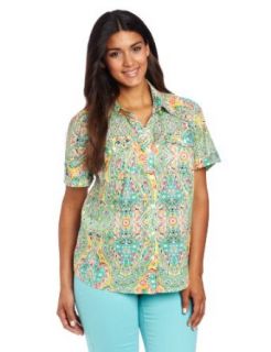 Jones New York Women's Plus Size Short Sleeve Paisley Camp Shirt, Freesia Yellow/Multi, 1X Button Down Shirts