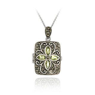 Sterling Silver Marcasite & Peridot Flower Locket Pendant Locket Necklaces Jewelry