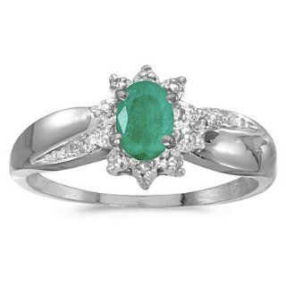 14k White Gold Oval Emerald And Diamond Ring Jewelry