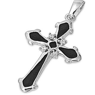 Divine Black Onyx Cross & Clear Cubic Zirconia .925 Sterling Silver Pendant Necklace Jewelry