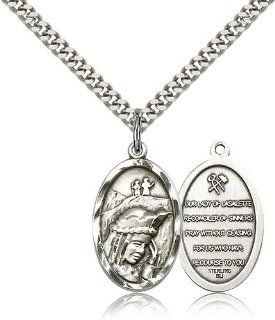 .925 Sterling Silver O/L Our Lady of La Salette Medal Pendant 7/8 x 1/2 Inches  4163  Comes with a .925 Sterling Silver Lite Curb Chain Neckace And a Black velvet Box Jewelry