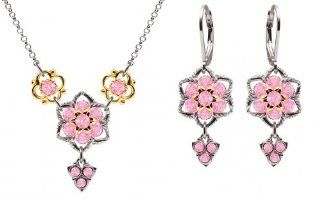 Lucia Costin Necklace and Earrings Set with Lovely Flowers, Embellished with Twisted Lines and Light Pink Swarovski Crystals; .925 Sterling Silver with 24K Yellow Gold over .925 Sterling Silver; Handmade in USA Jewelry