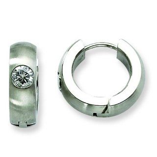 Stainless Steel CZ Satin Round Hinged Hoop Earrings. Metal Weight  6.55g. Jewelry